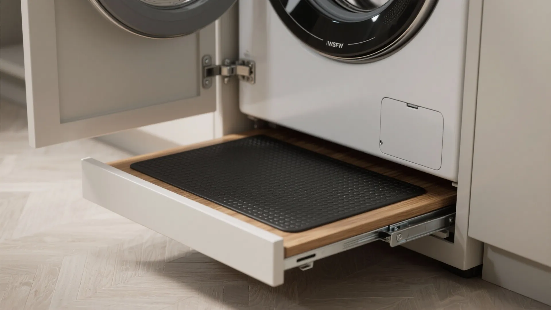 Pull out wooden shelf with black mat located under a white washing machine inside cabinet