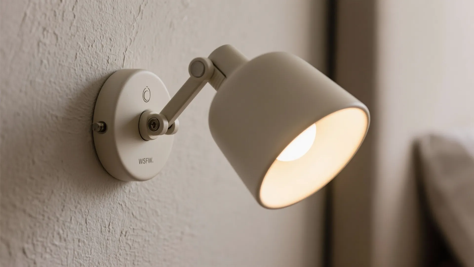 Close up of a white adjustable wall light mounted on a textured wall showing warm illumination