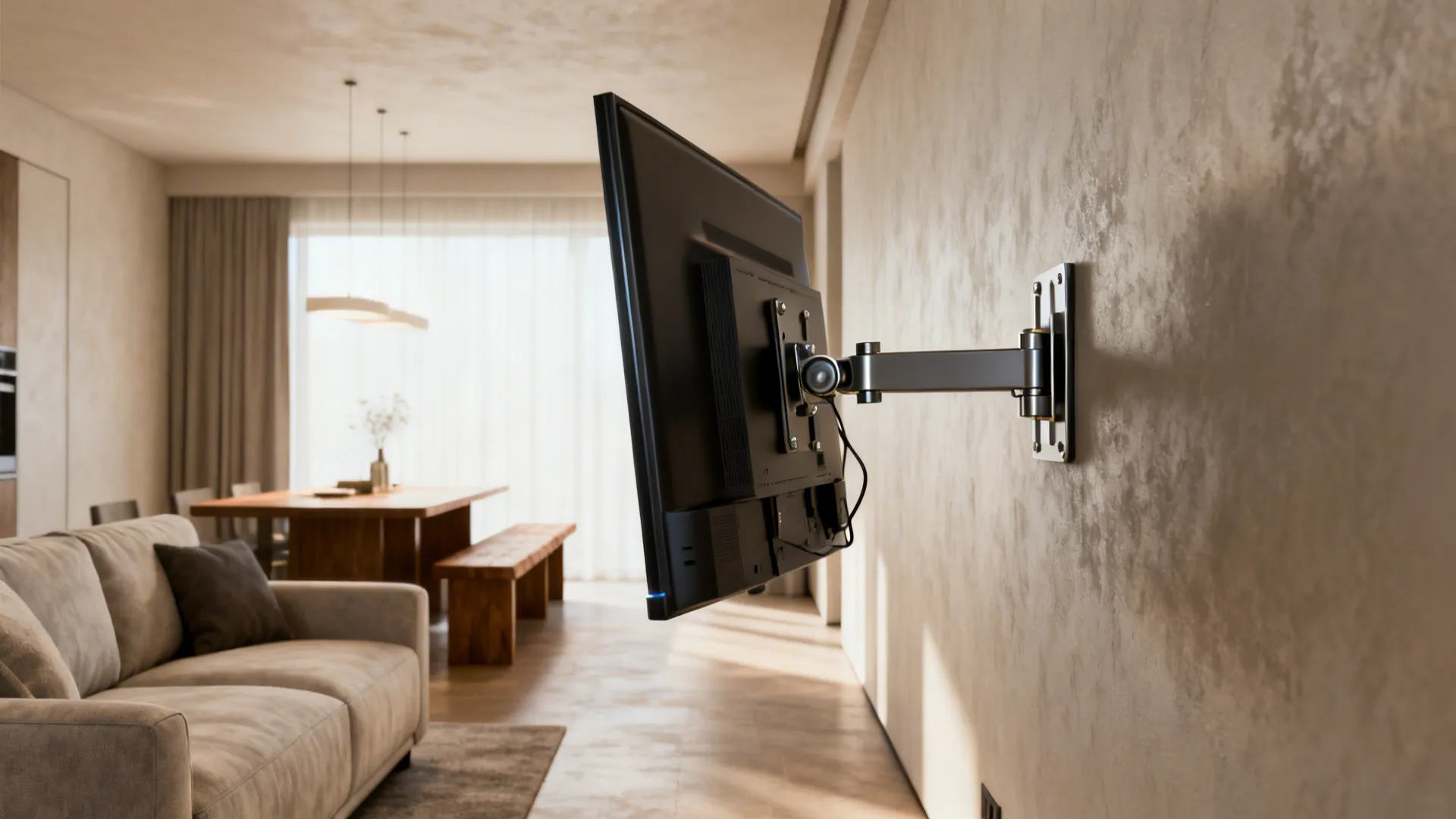 TV on a tilt-and-swivel mount angled toward multiple seating areas in a narrow living room.