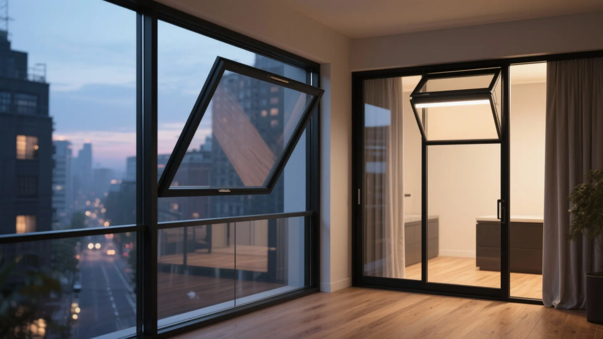Interior room view with open glass windows overlooking a city street during the blue hour