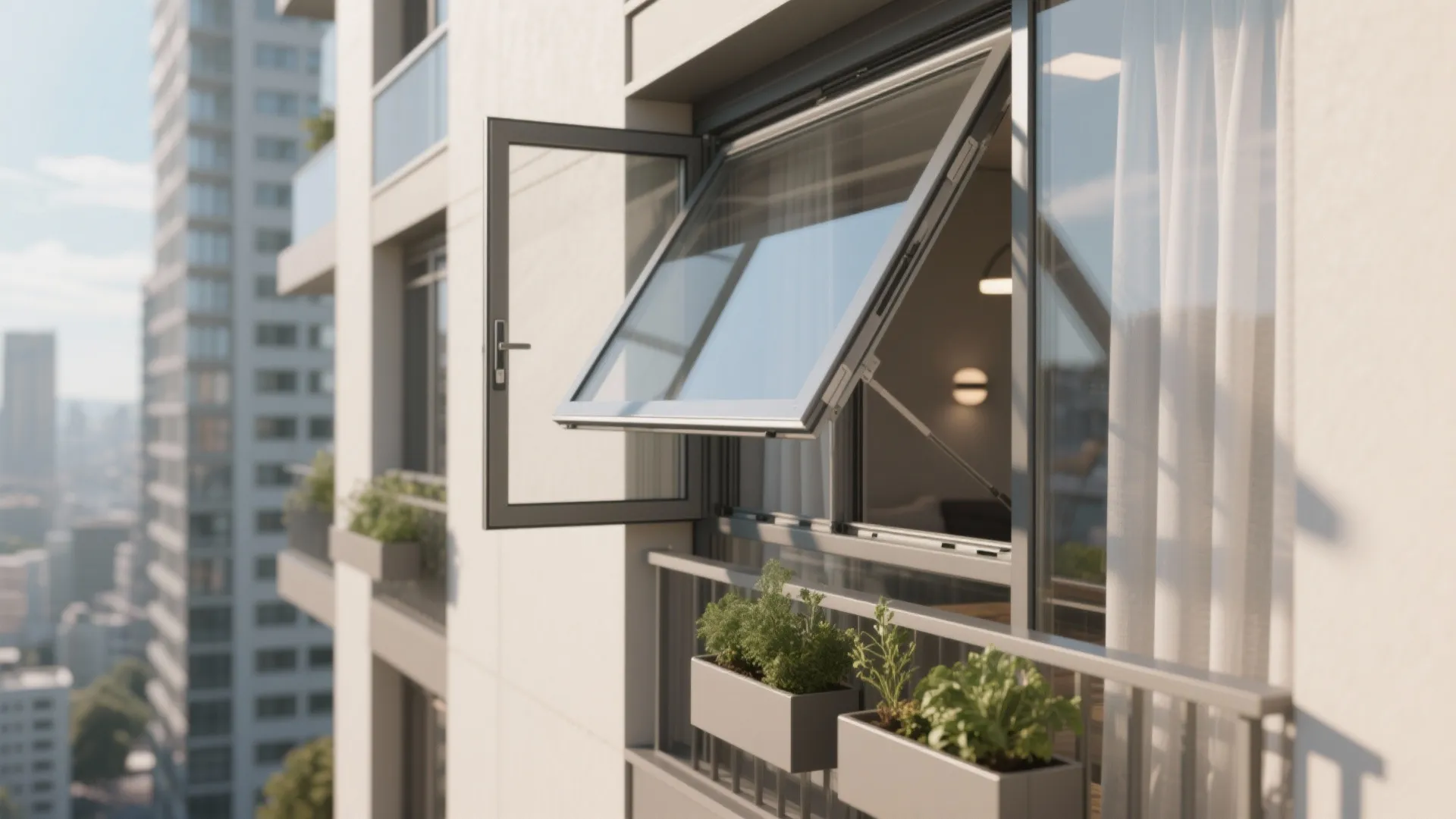 Modern open window on high apartment balcony with green plants in boxes and city views