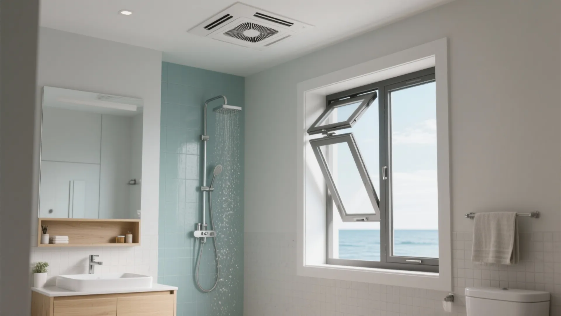 Modern bathroom with blue tiles featuring a shower head and open black frame glass windows