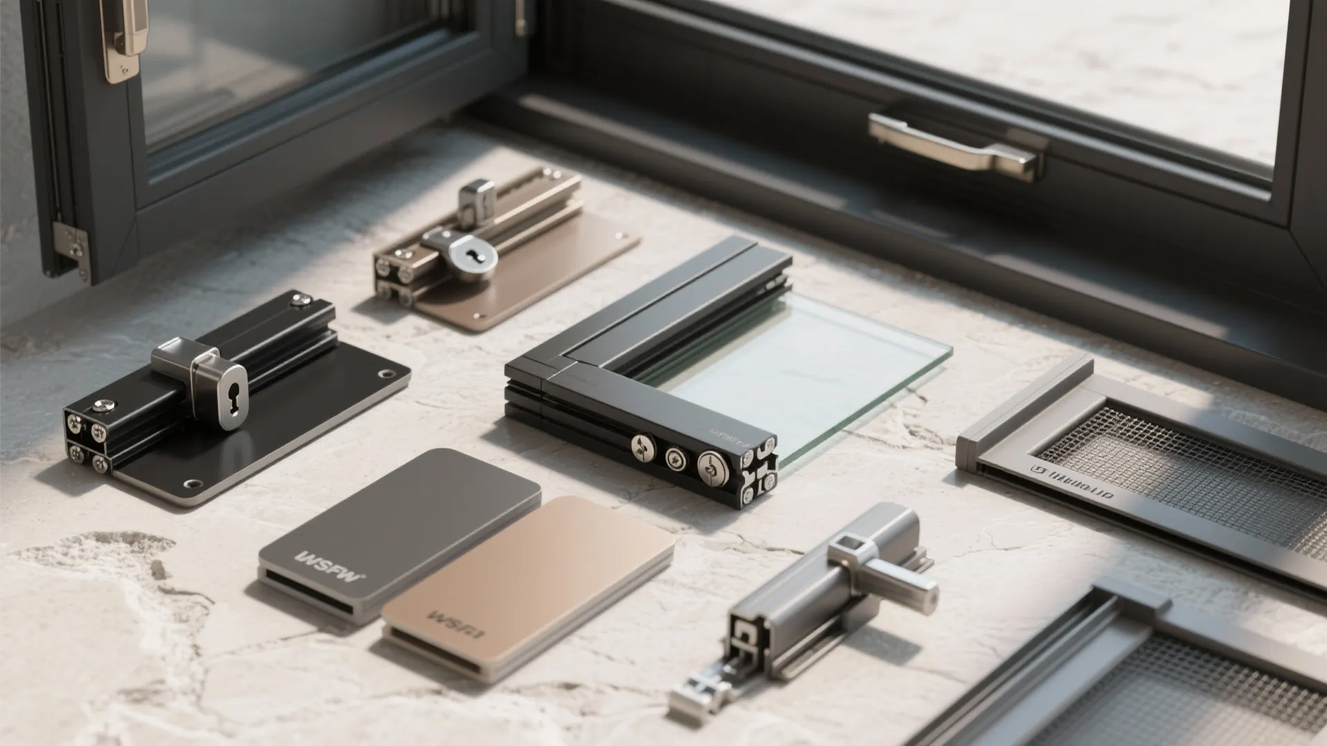 Close up view of various metal window locks and glass samples displayed on a table