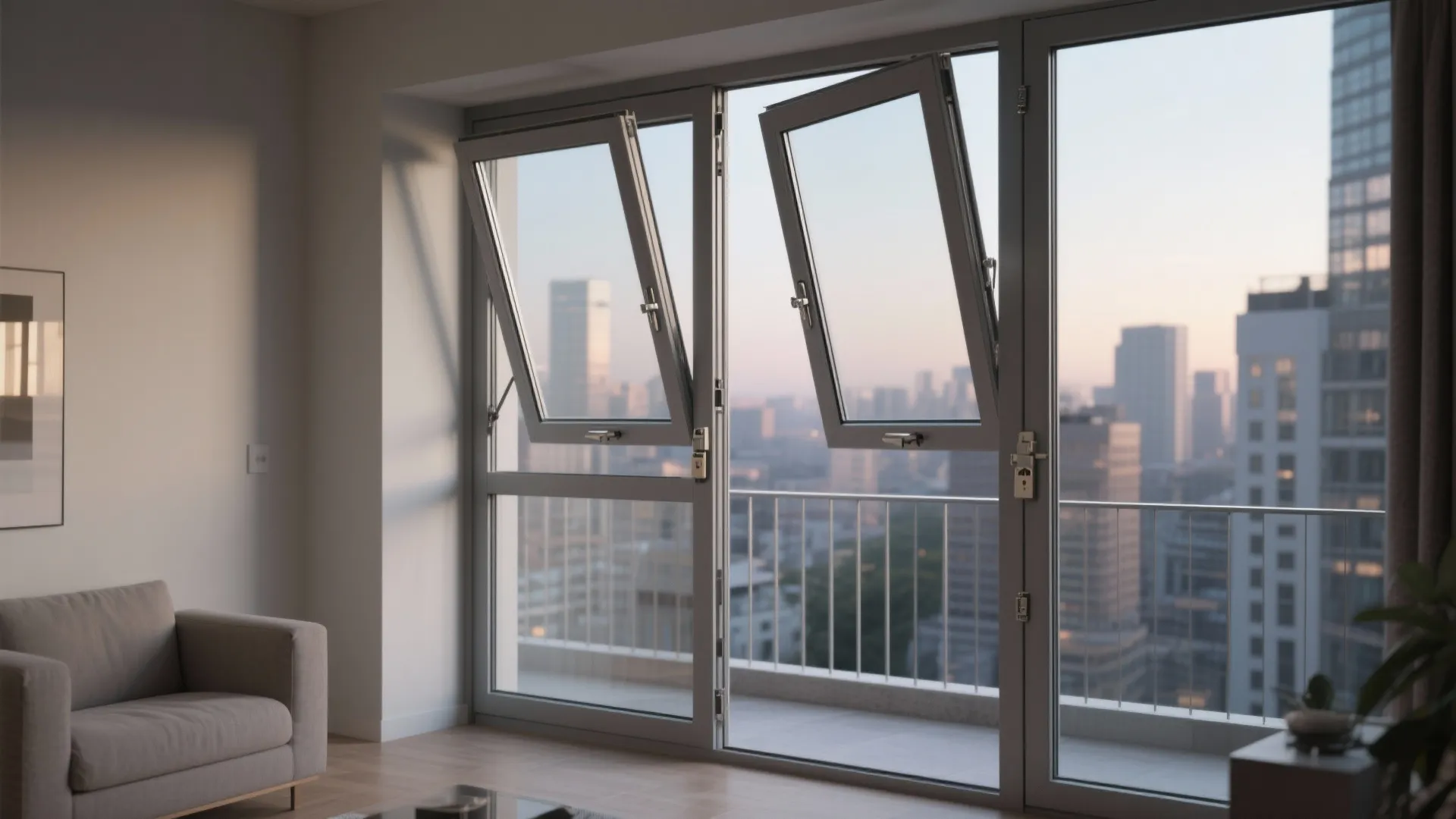 Tilt-and-turn double doors in tilt mode provide secure ventilation on a balcony.
