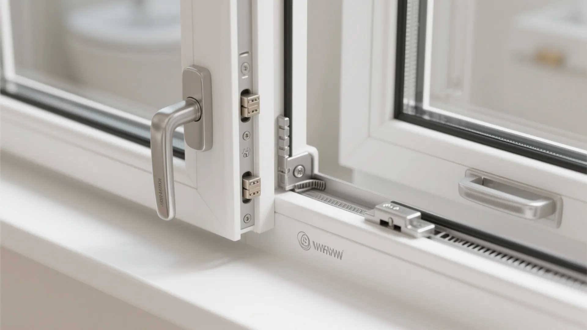 Close up of white window frame with silver handle showing metal locking mechanism and internal hardware
