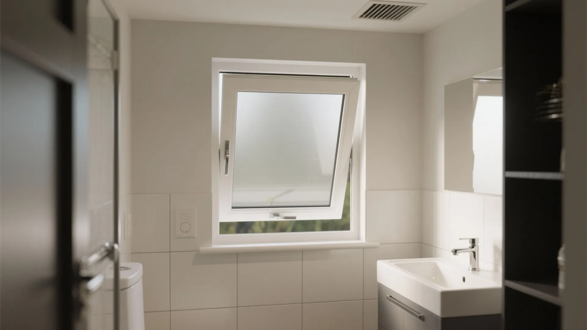 Modern white bathroom with a tilting window above a white sink and grey vanity cabinet