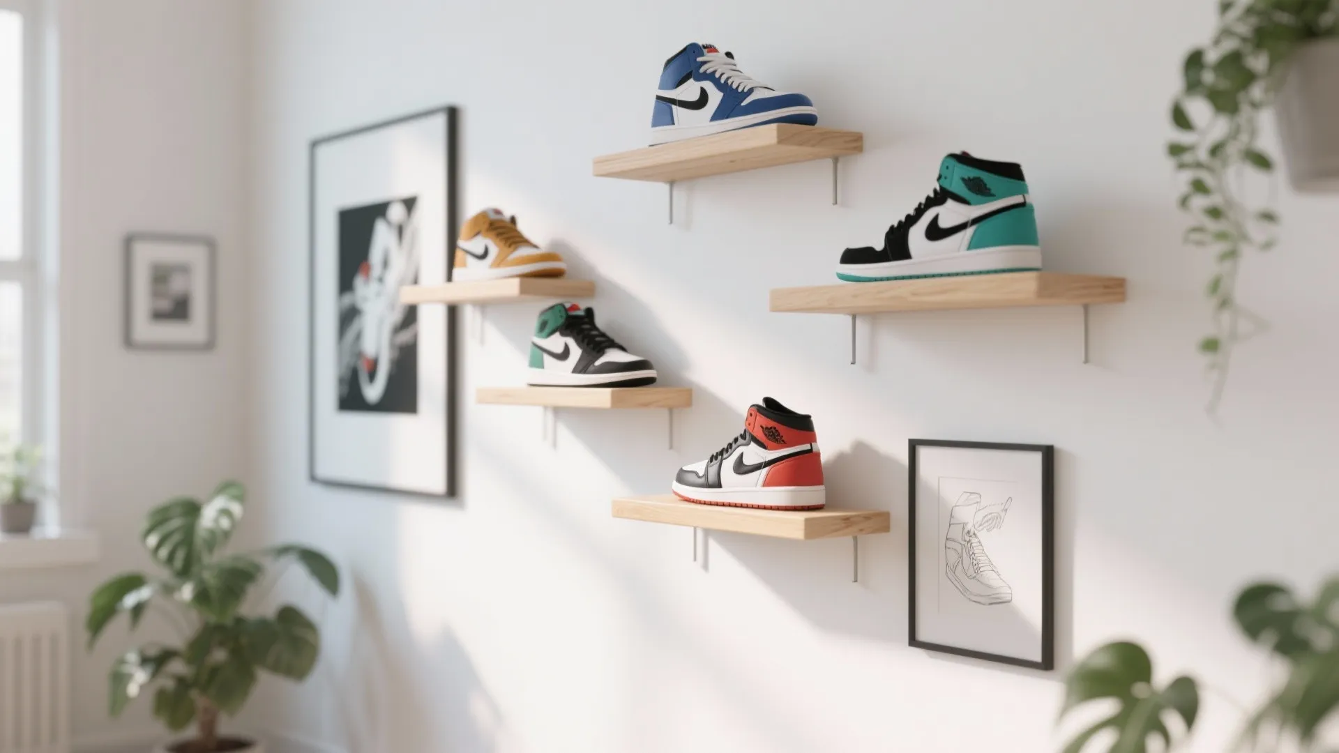 Modern wall display with wooden floating shelves holding colorful sneakers in a bright living room