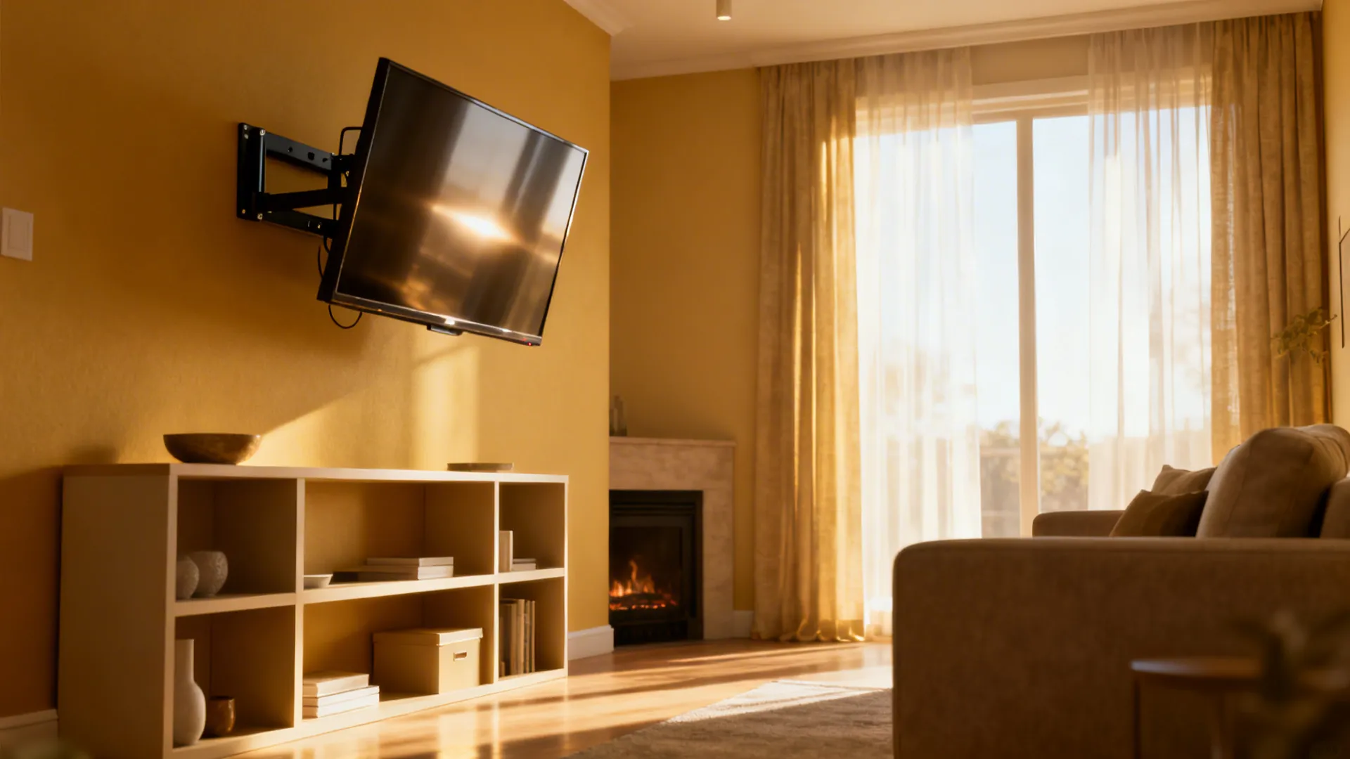 TV on a tilting mount positioned above shelving, angled down for seated viewing in a compact living room.