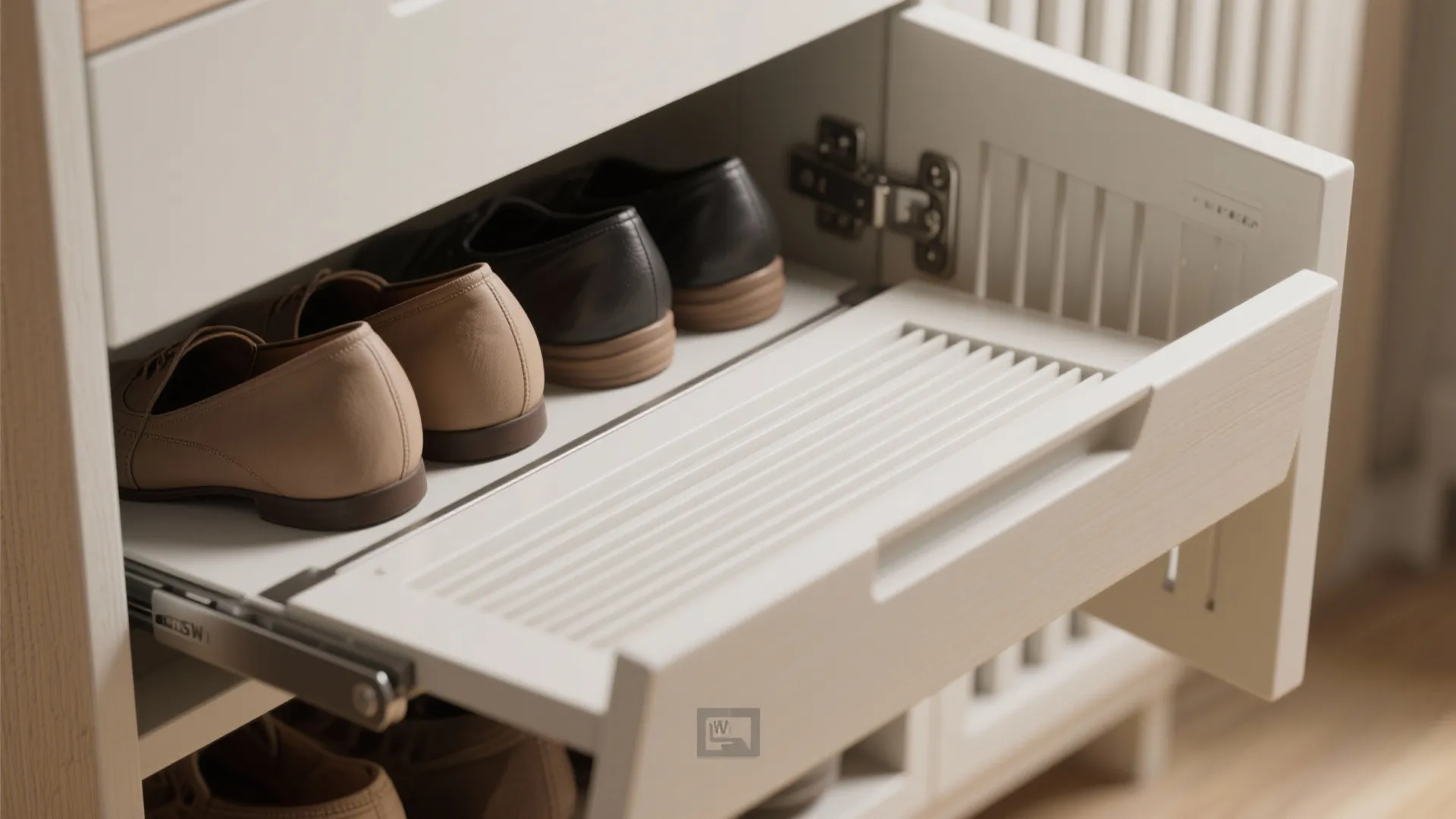4. Flip-down shoe racks and tilt-out cabinets