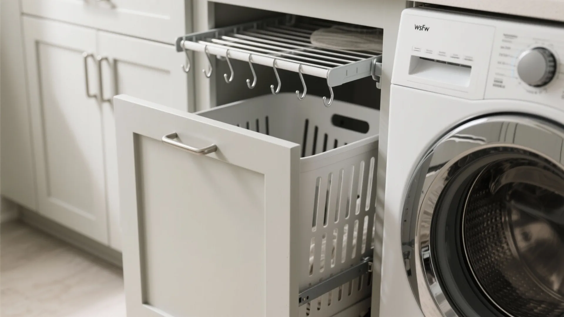 4. Tilt-Out Hampers, Over-the-Washer Drying, and Hooks