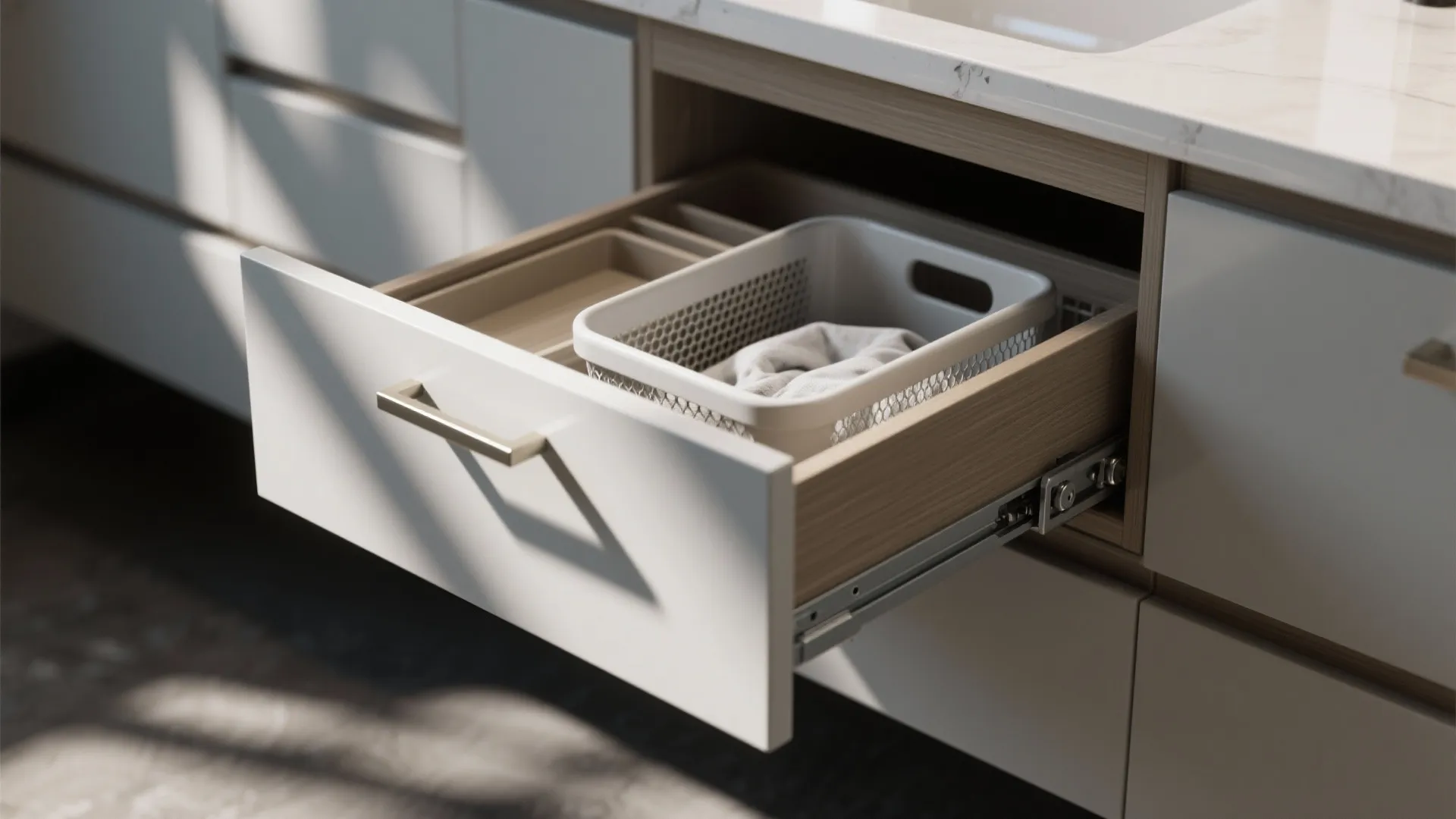 Built-in tilt-out trays for waste and laundry