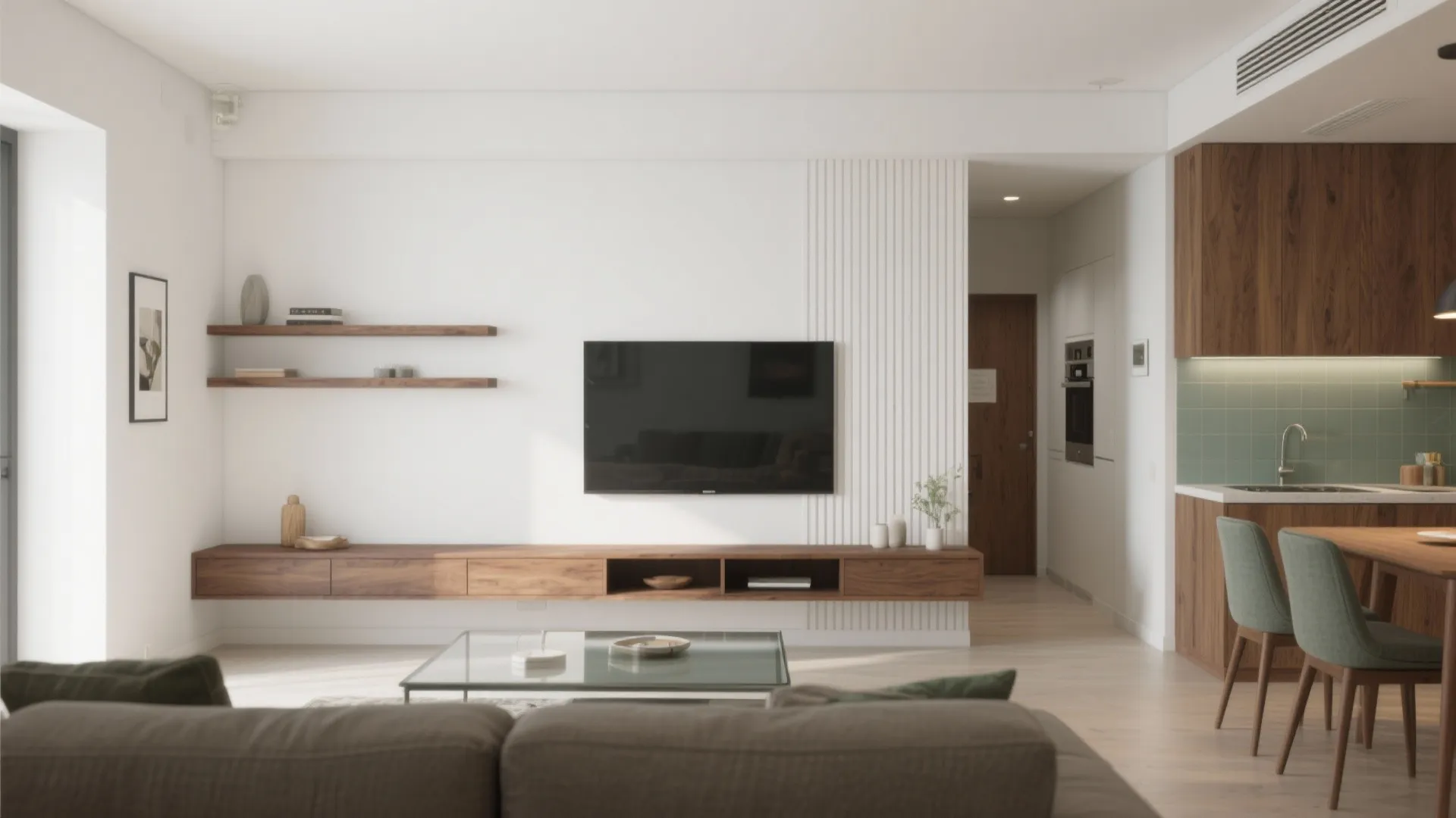 Living room interior design drawing with wood cabinet wall panel television glass table and dining area