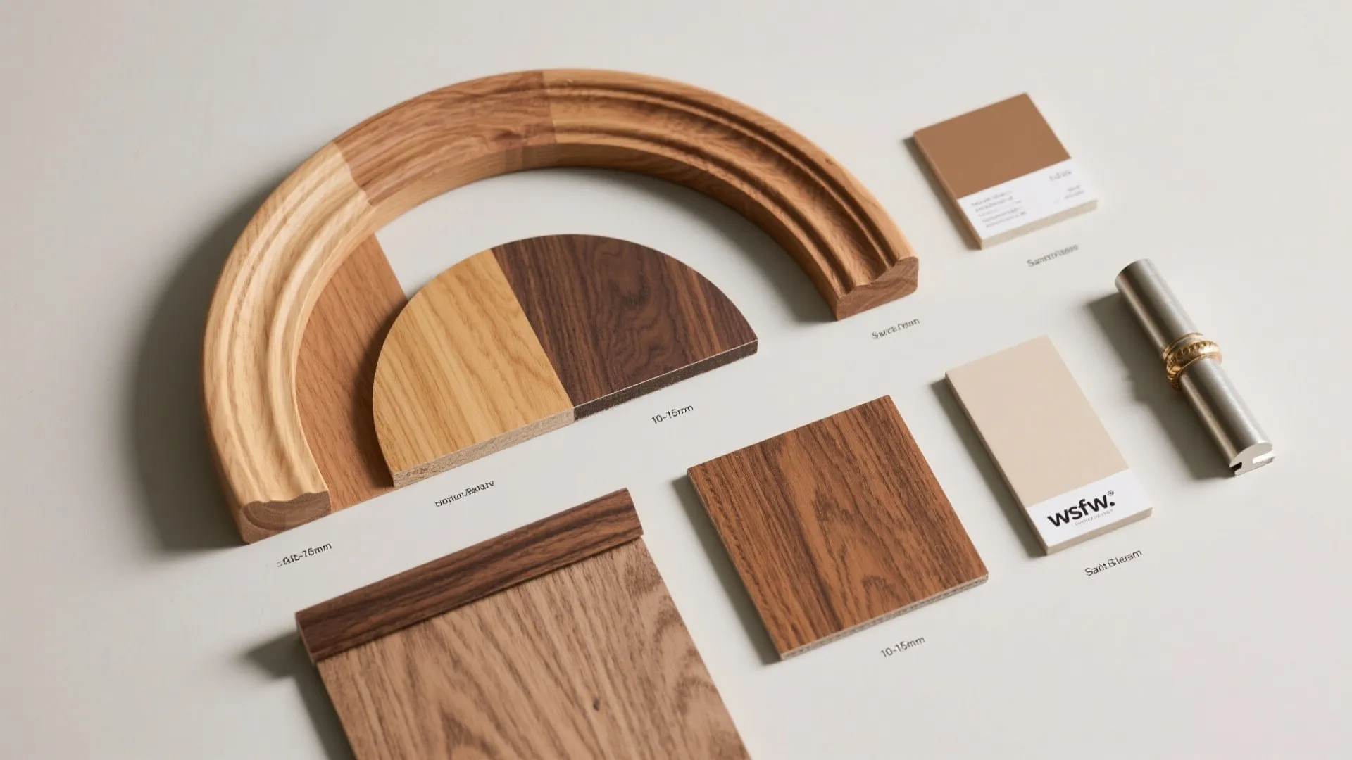 Various wood material samples including arched trim and square panels for a home interior design