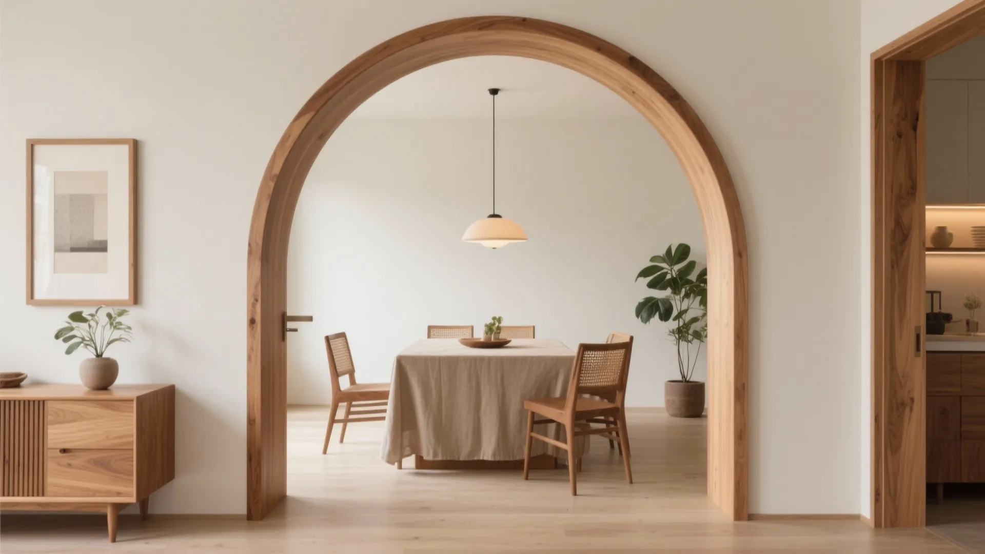 Wooden arch doorway leading to a dining room with wooden table chairs and ceiling light
