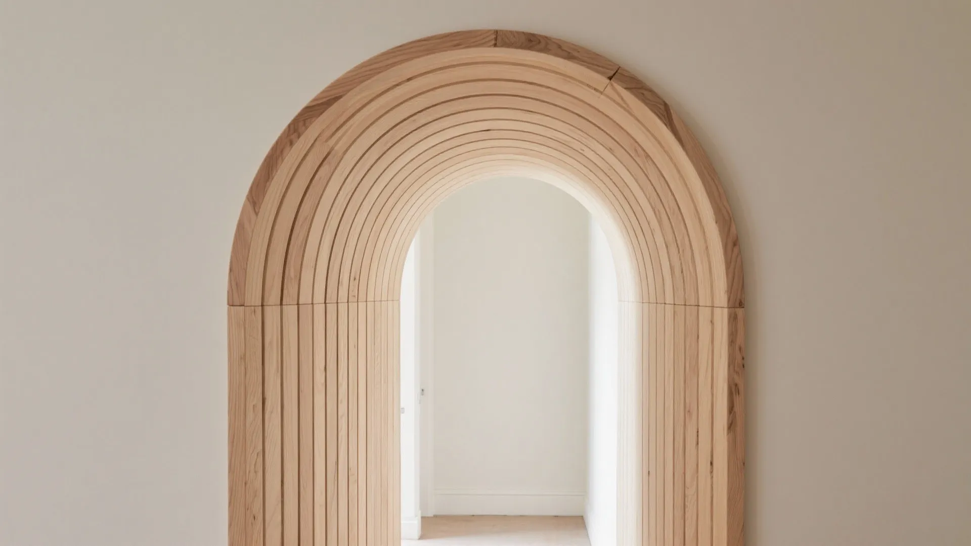 Modern wooden arched doorway with layered timber design leading into a bright white minimalist room