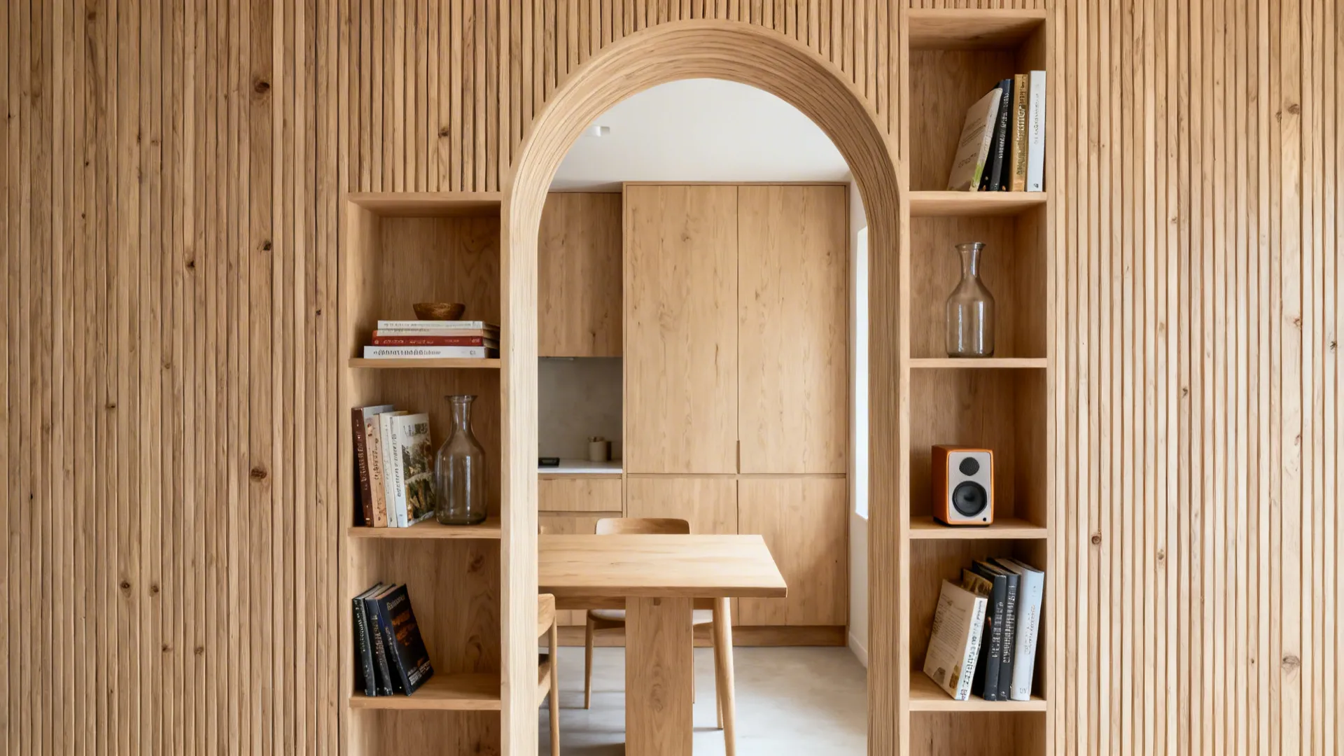 2) Timber-Clad Arch with Hidden Storage Shelves