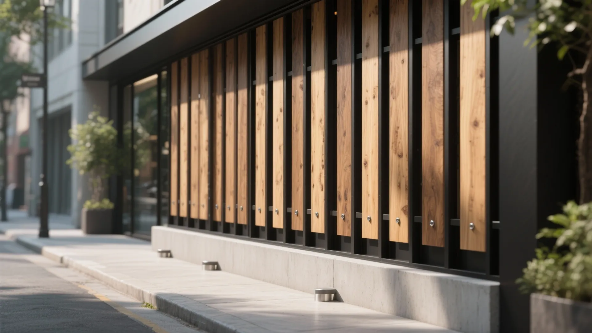 Vertical wood panels on a black metal frame along a sidewalk outside a modern building