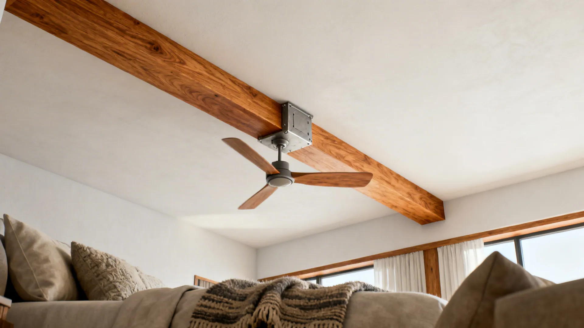 Interior design drawing showing a wooden ceiling fan attached to a large brown wood ceiling beam