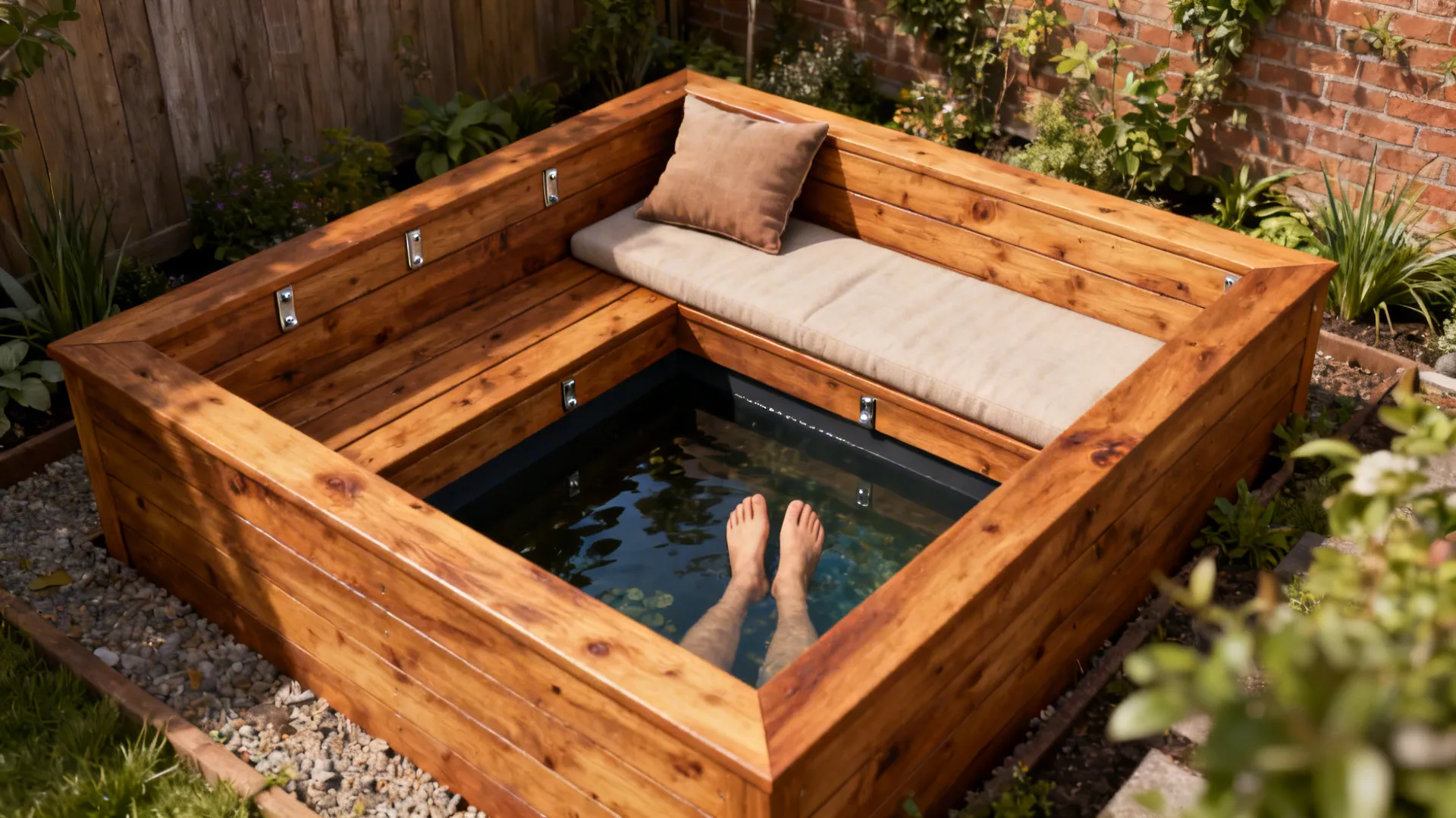 Timber box raised pond that doubles as a bench with warm wood and a seat cushion in a small garden.
