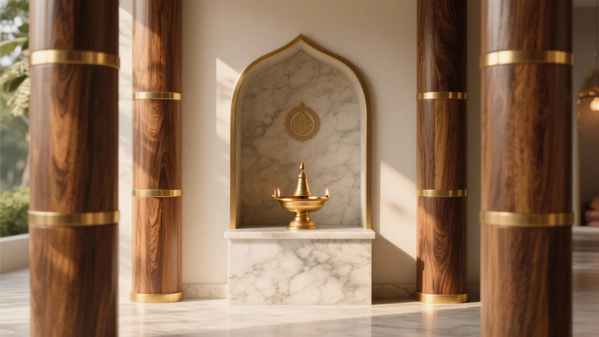 Teak veneer posts with slim brass bands frame a warm modern pooja alcove with marble base.