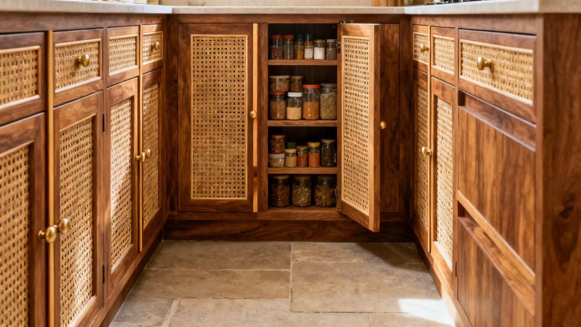 Teak veneer cabinets with woven cane shutters in a compact galley Indian kitchen.