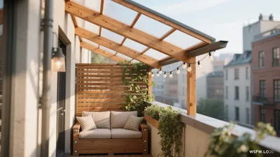 Cozy Balcony Design with Wooden Pergola and String Lights