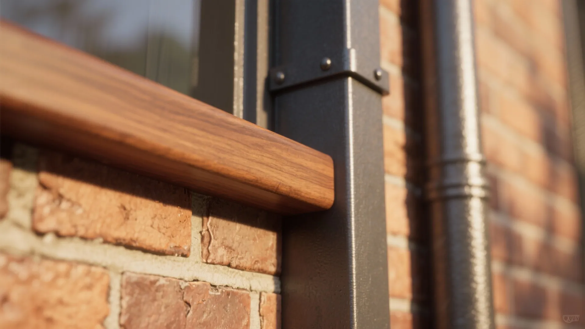 Close-up of oiled teak cap rail meeting matte metal post with warm brick backdrop