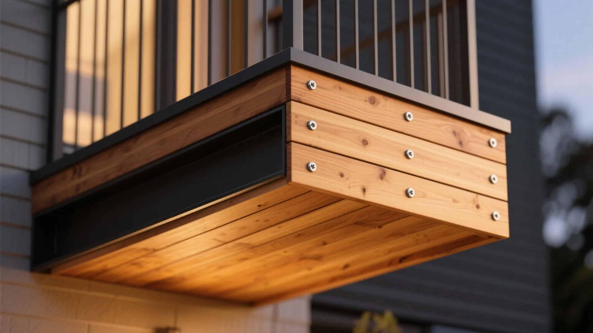 Close up view of wood wall panel balcony with metal railing and warm orange lighting