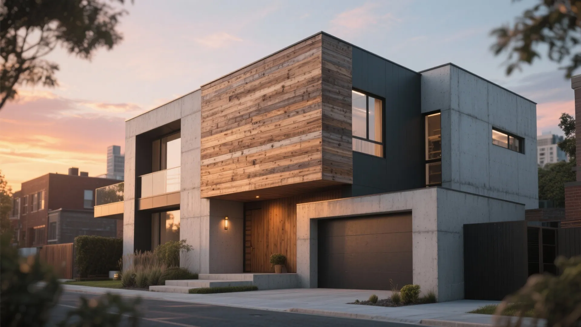 Modern concrete house with horizontal wooden wall panels, glass balcony, dark garage, and sunset sky