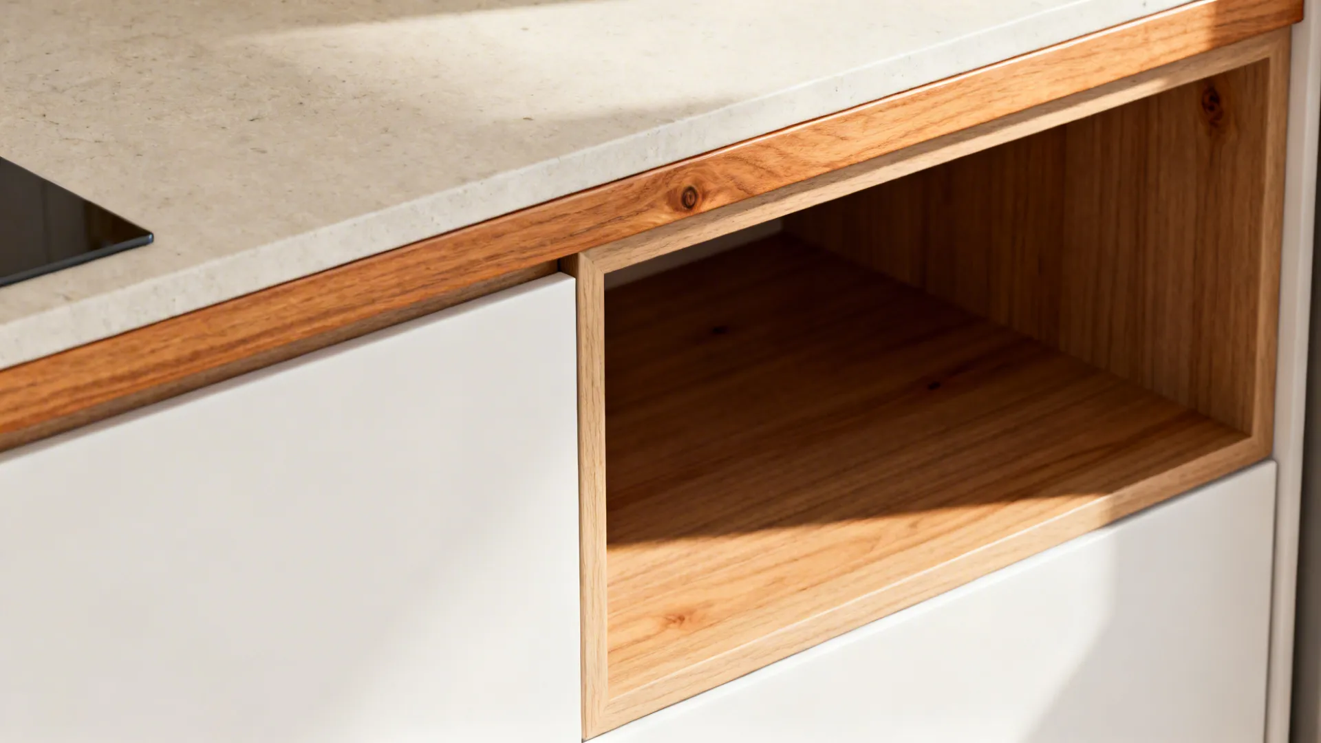 Close up of white kitchen cabinet with wooden open shelf and stone countertop under sunlight