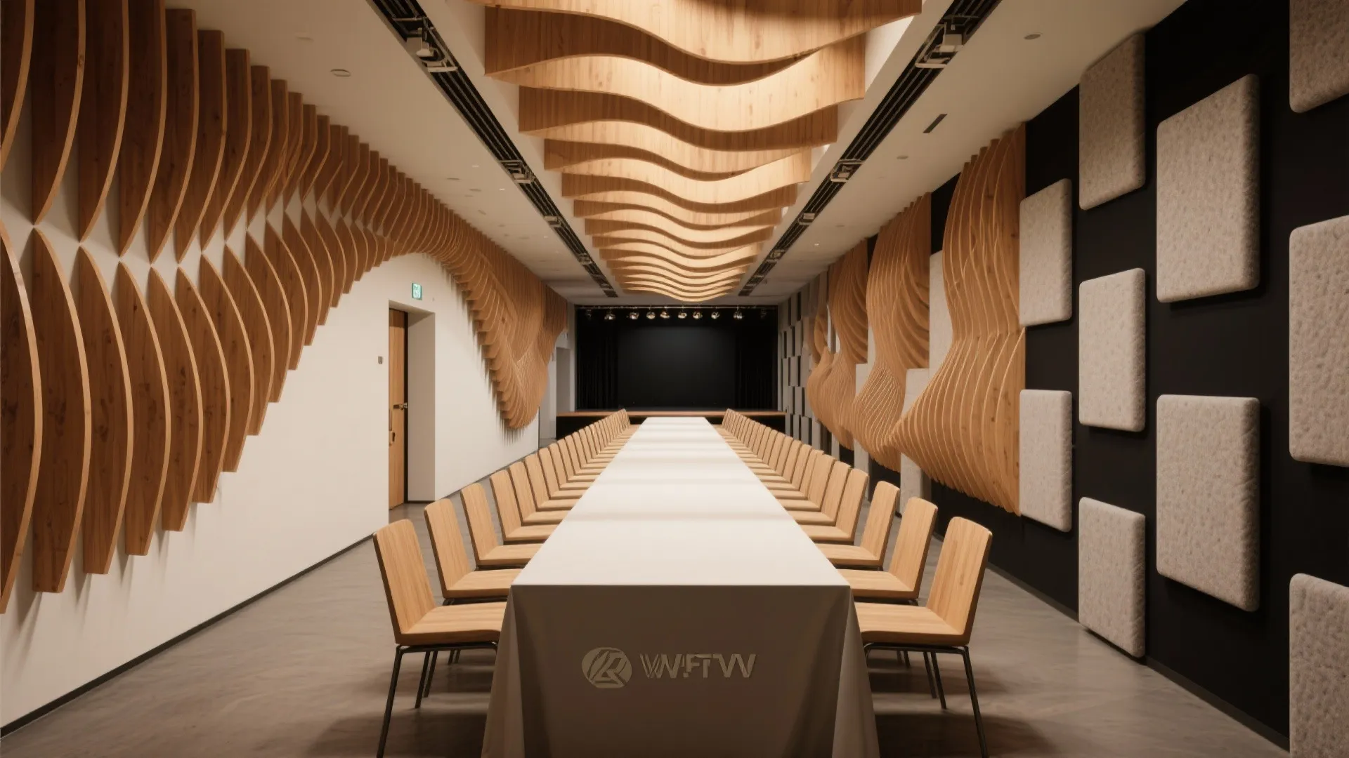 Modern meeting room with long white table wood chairs wave ceiling panels and wall panel decor