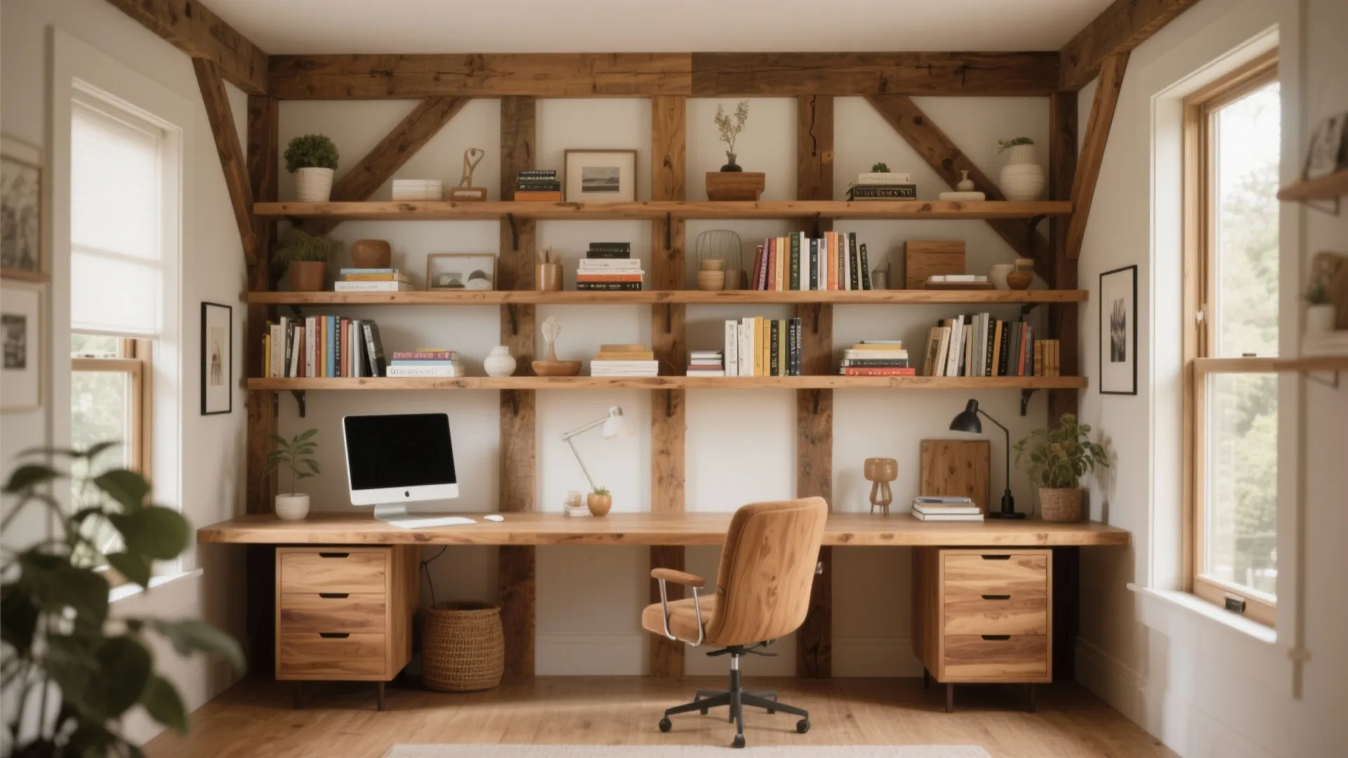 Timber room frames with built-in shelving