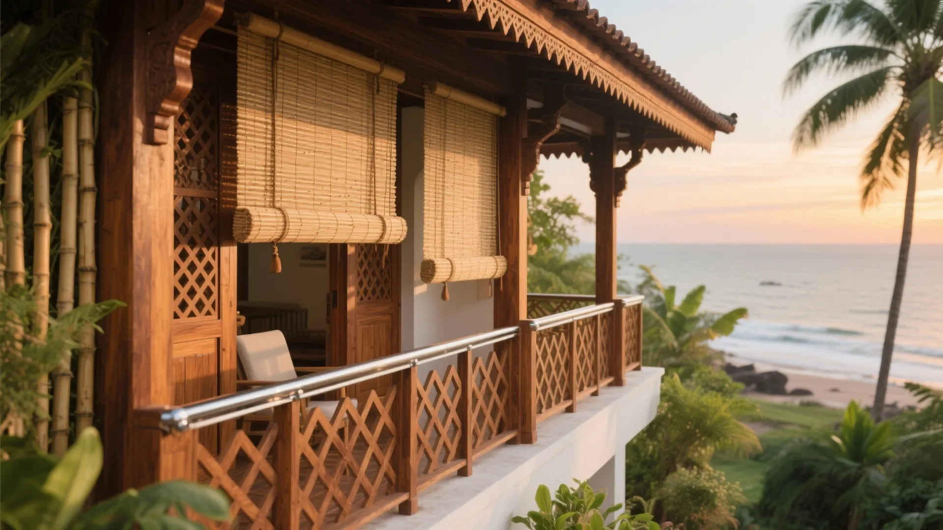 Tropical wooden balcony with bamboo blinds overlooking the ocean with palm trees during a sunset