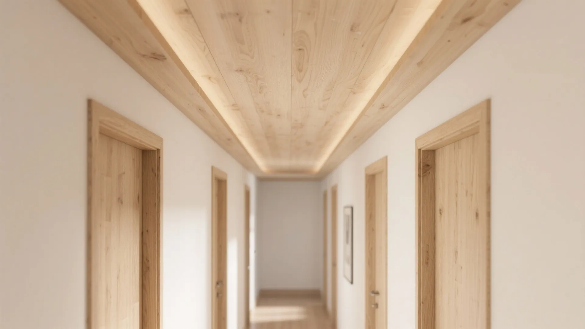 Modern hallway interior design with wooden ceiling panels and hidden warm light fixtures and many doors