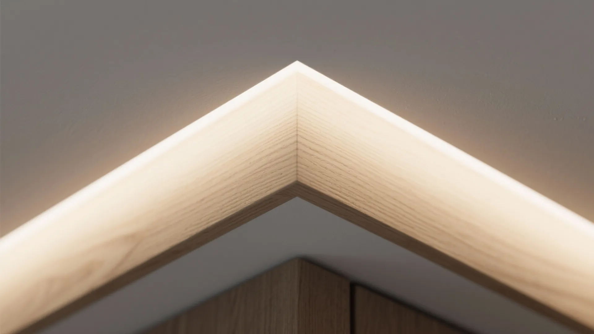 Close up of a wooden corner with bright led strip lighting installed on the white ceiling