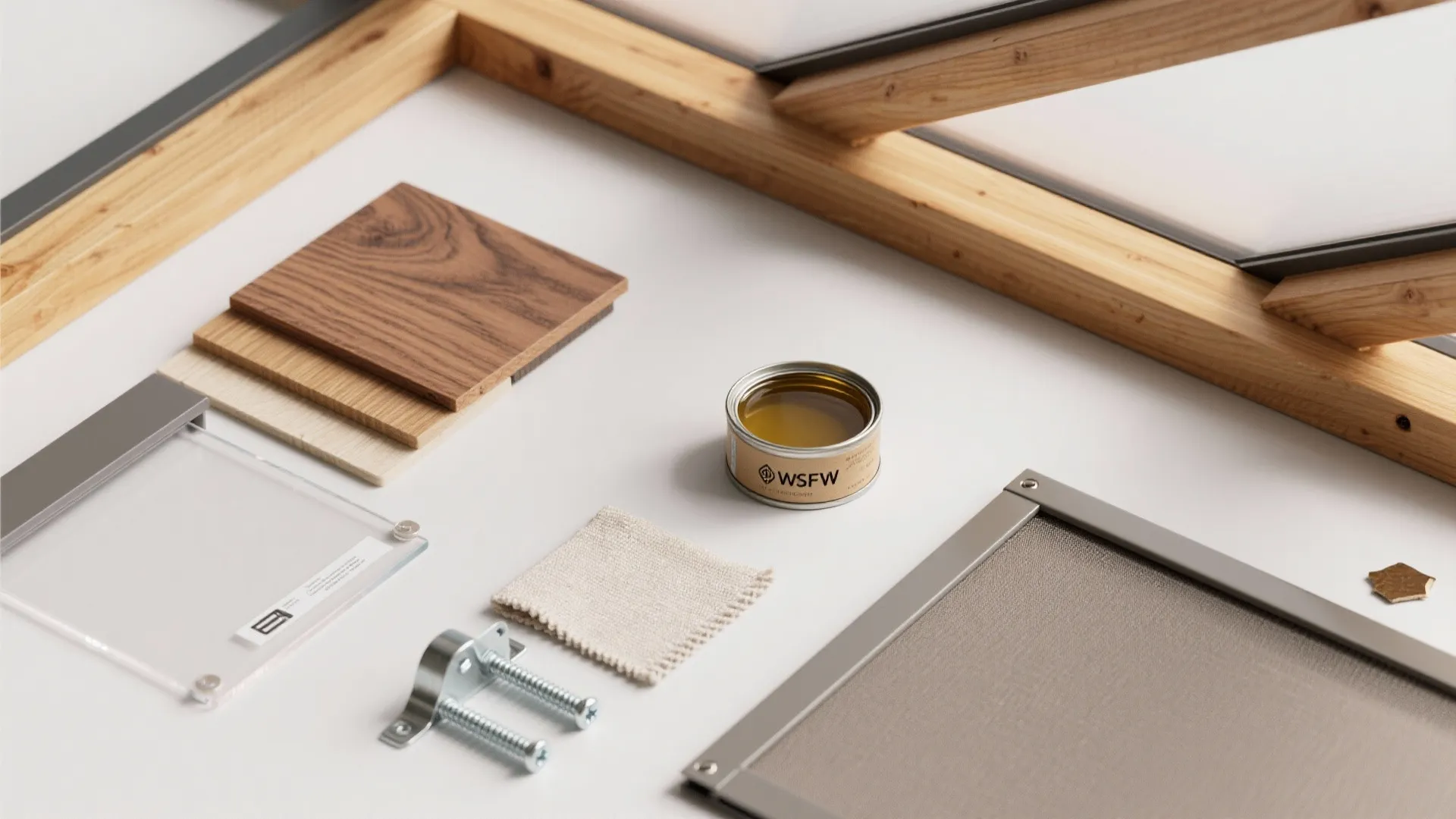 Various building materials including wood samples, metal screws, oil can, and fabric on white surface