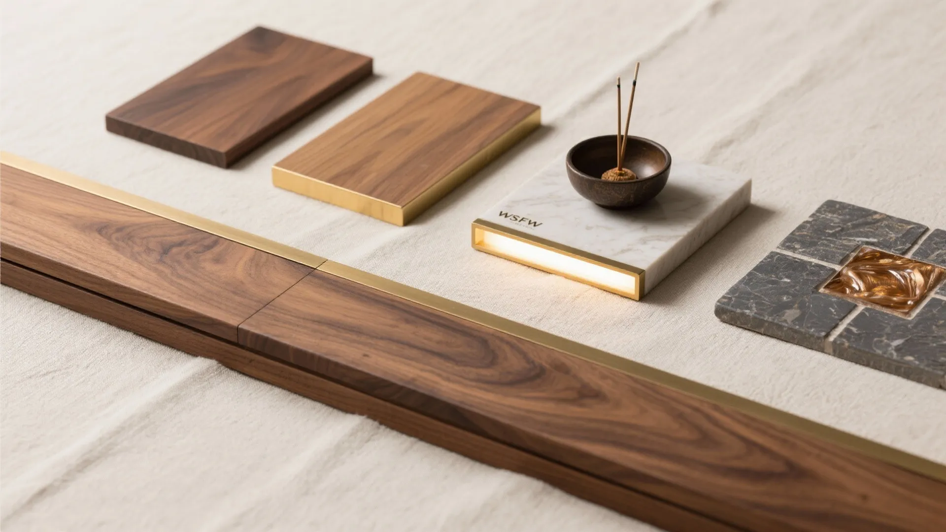 Interior design material samples including wood panels marble tiles and gold metal accents on white fabric