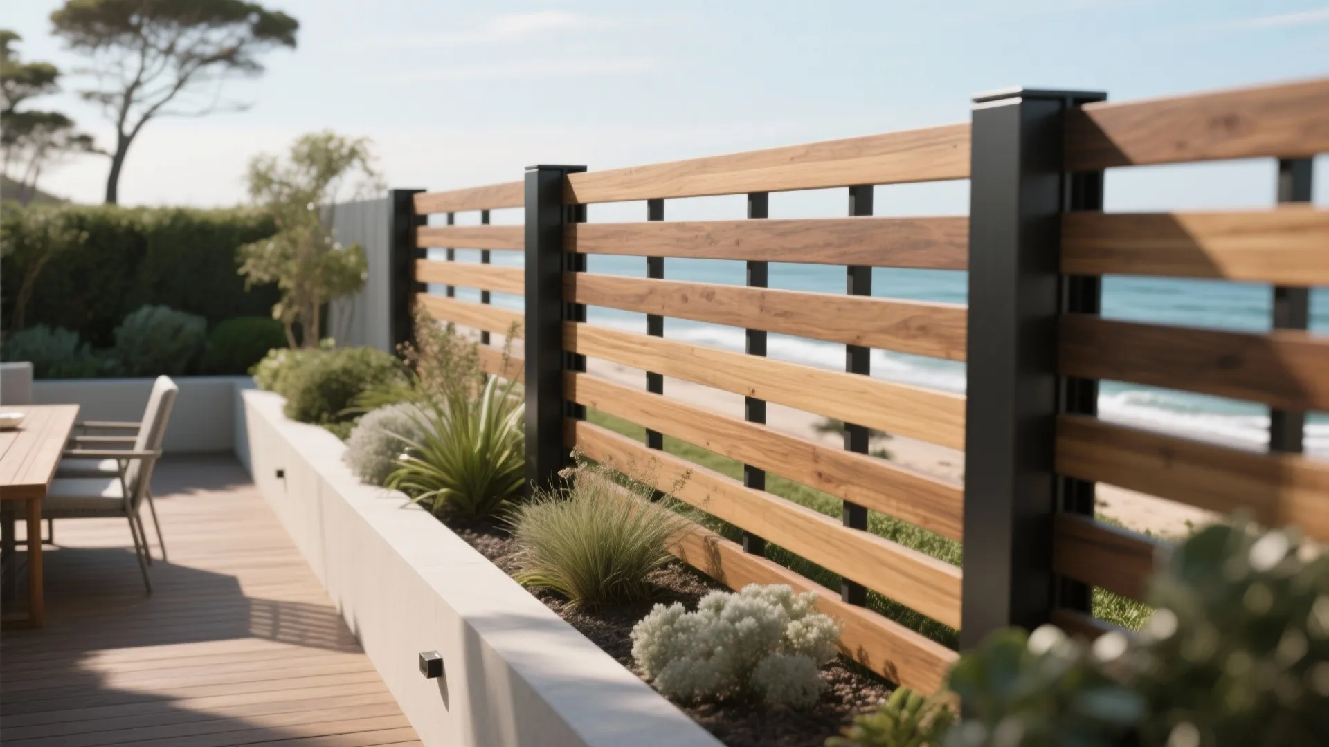 Timber-and-metal rhythm with spaced slats