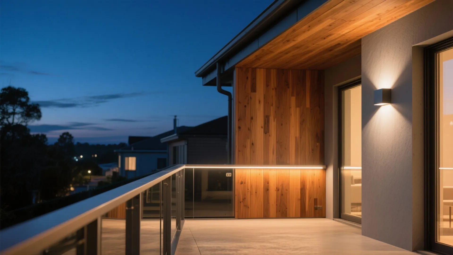 Warm timber accents and night lighting that respects the neighborhood