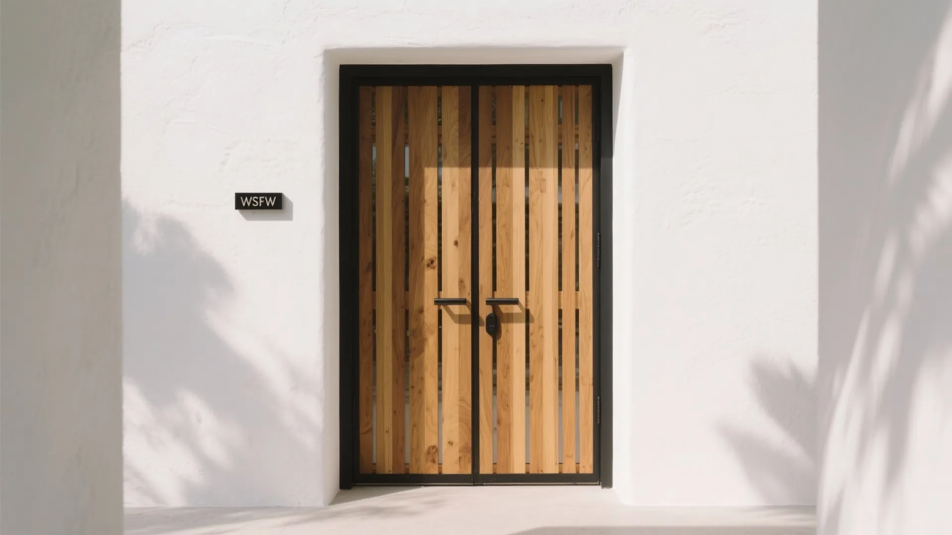 Warm Timber Gate Set into a Smooth White Plaster Wall