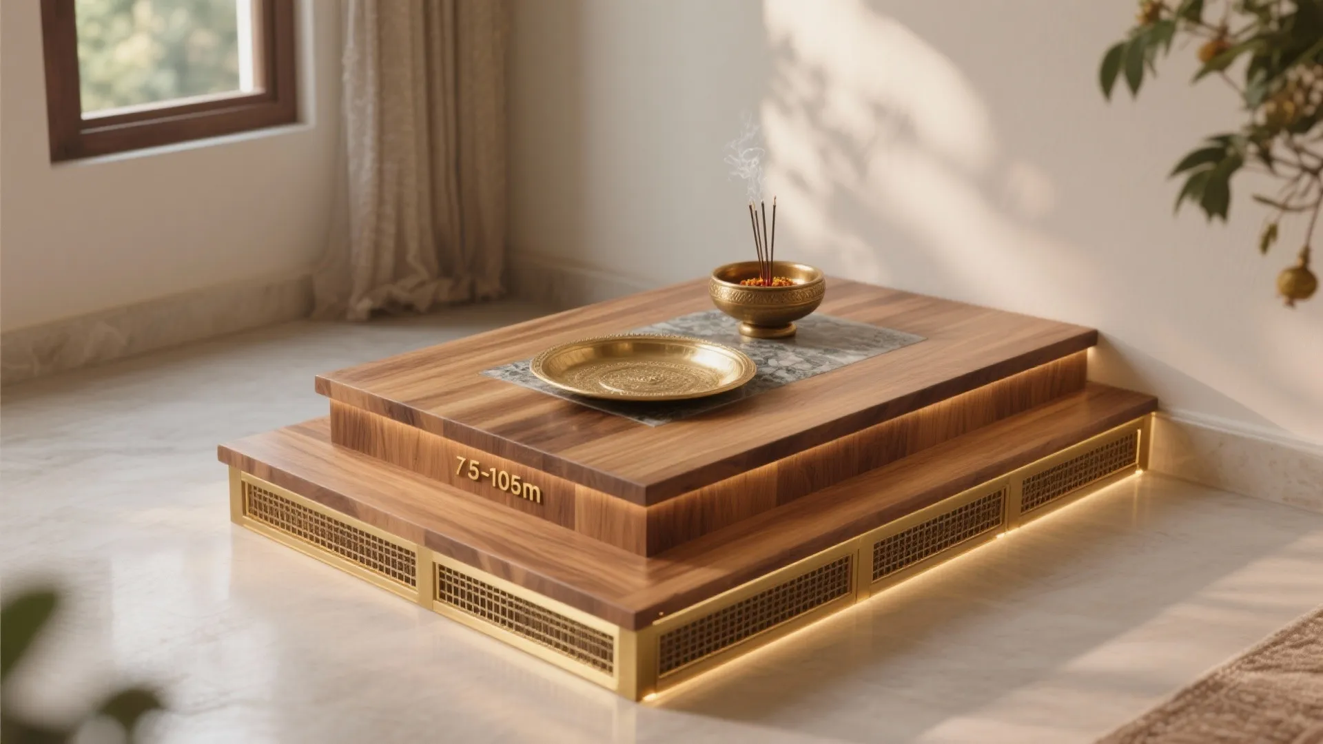 Two tiered wooden platform with gold tray and burning incense bowl sitting on marble floor surface