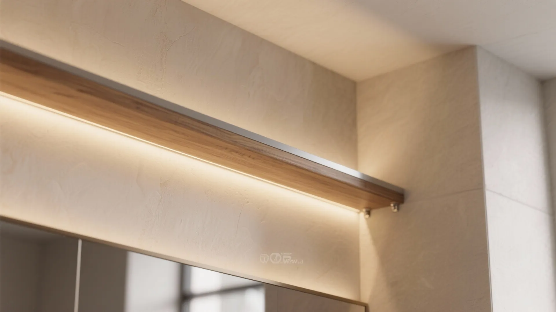 Close up of a wooden shelf with hidden warm light fixture strip installed under the edge
