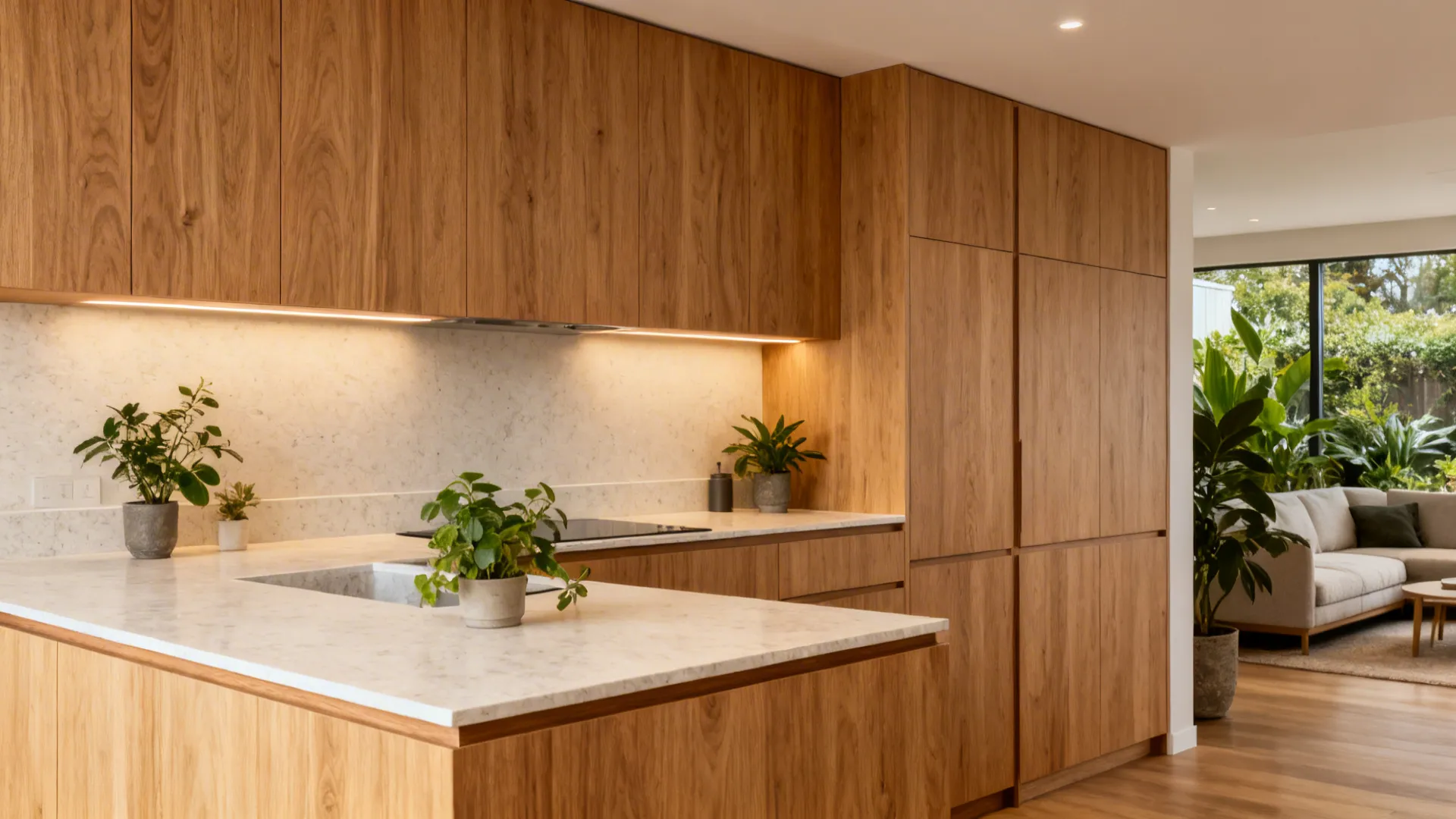 Warm timber veneer cabinetry paired with light stone-look quartz in a cozy NZ kitchen.