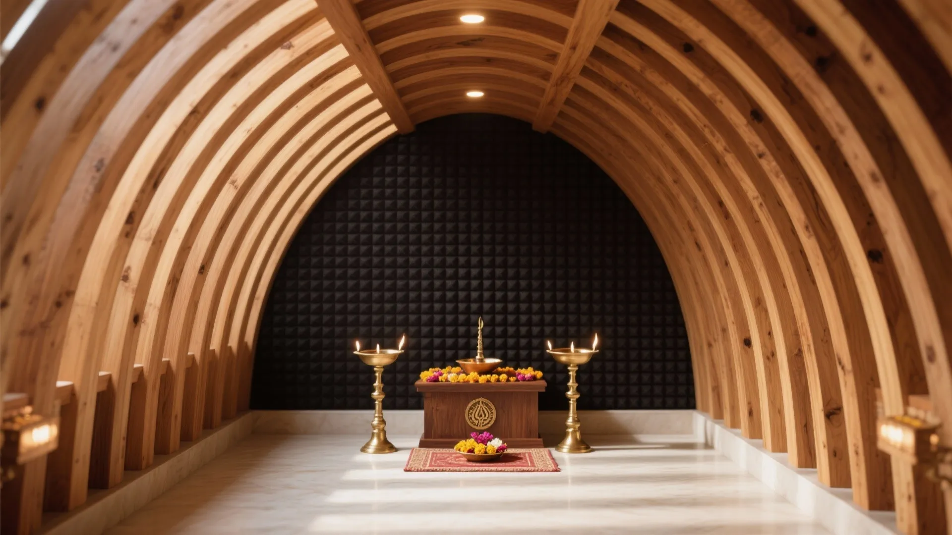 Ribbed timber vaulted pooja room ceiling with acoustic fleece and warm ambient lighting.