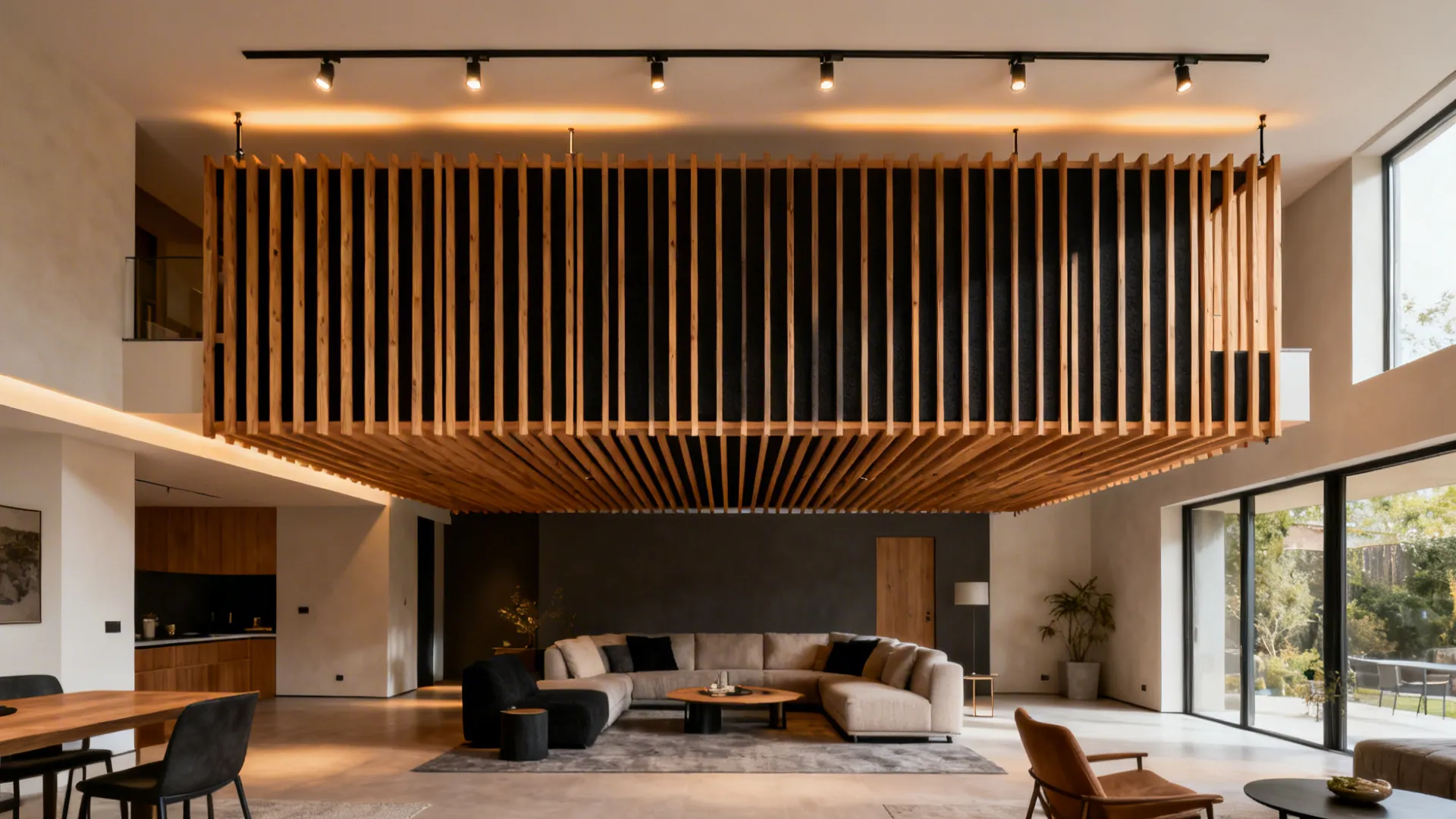 Suspended timber slat canopy with concealed track lights defining the lounge in a tall room.