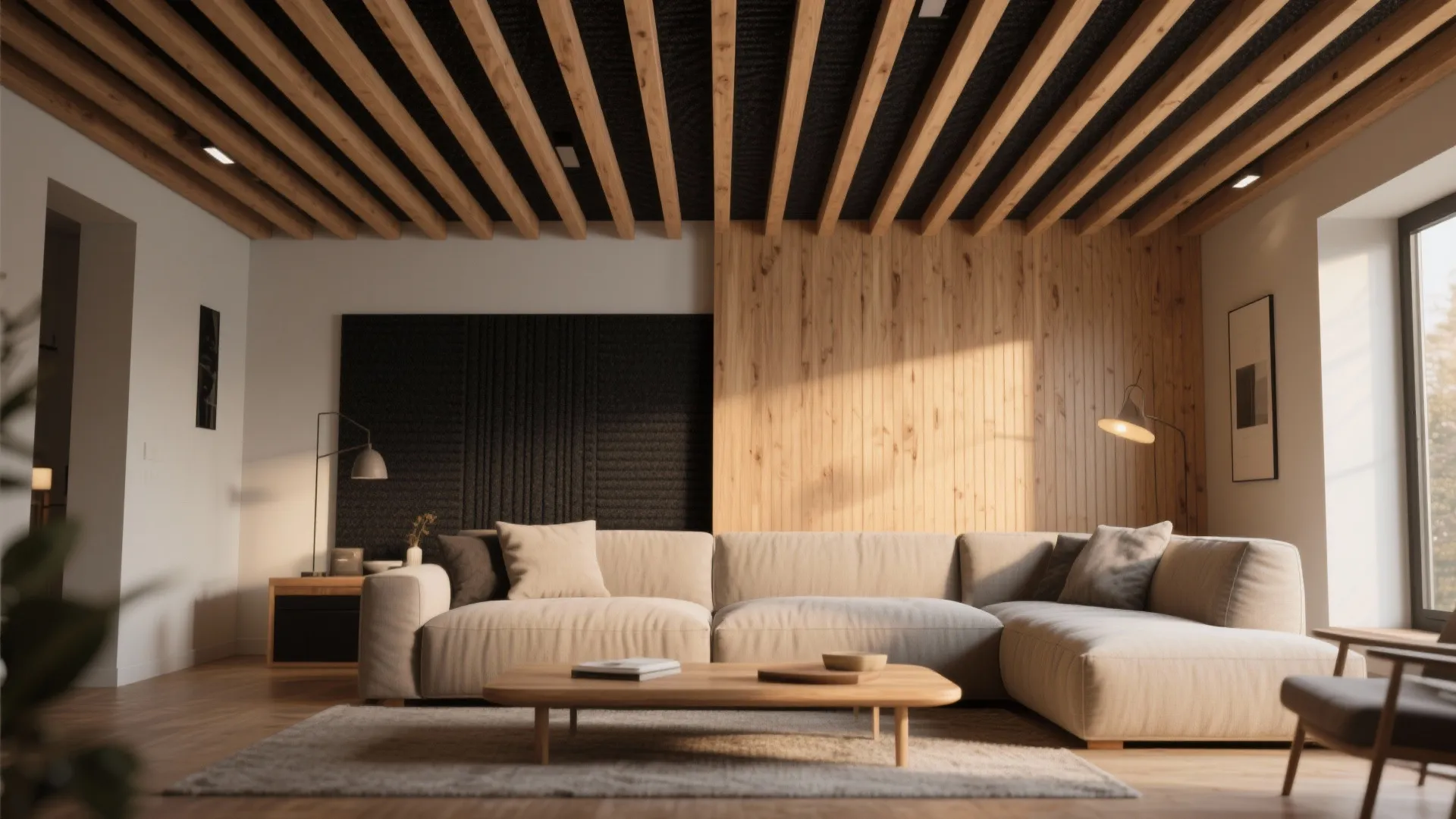 Timber Slat Down Ceiling for Warmth and Acoustics