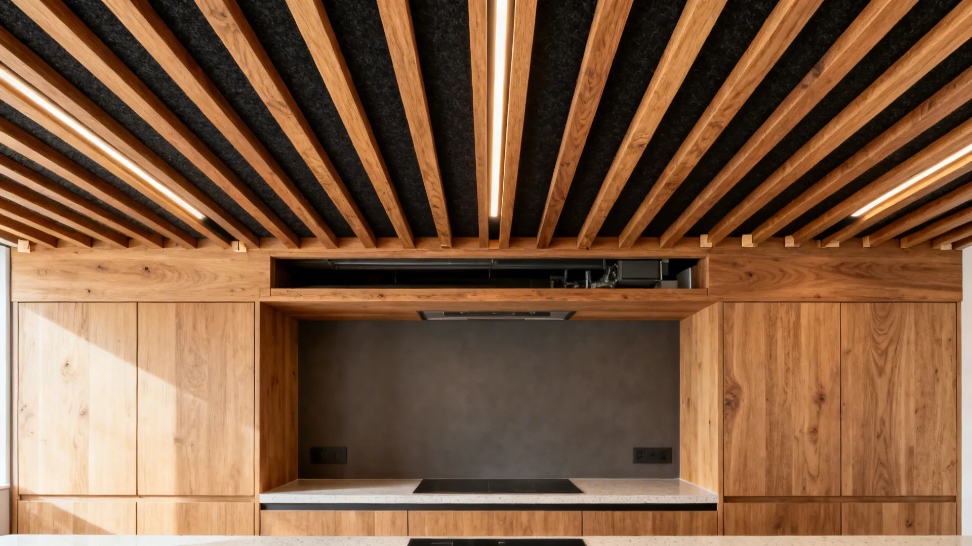 Small kitchen with oak slat ceiling over black felt and hidden linear LEDs creating warm, even illumination.