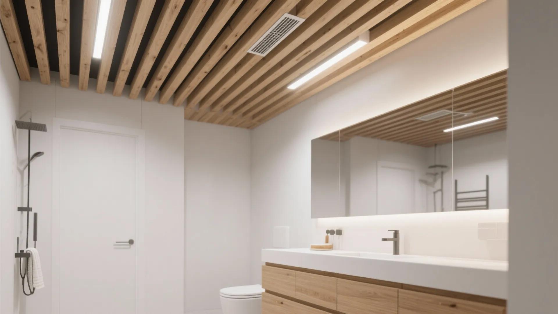 Modern bathroom featuring wood slat ceiling design with long white light fixtures and large mirror