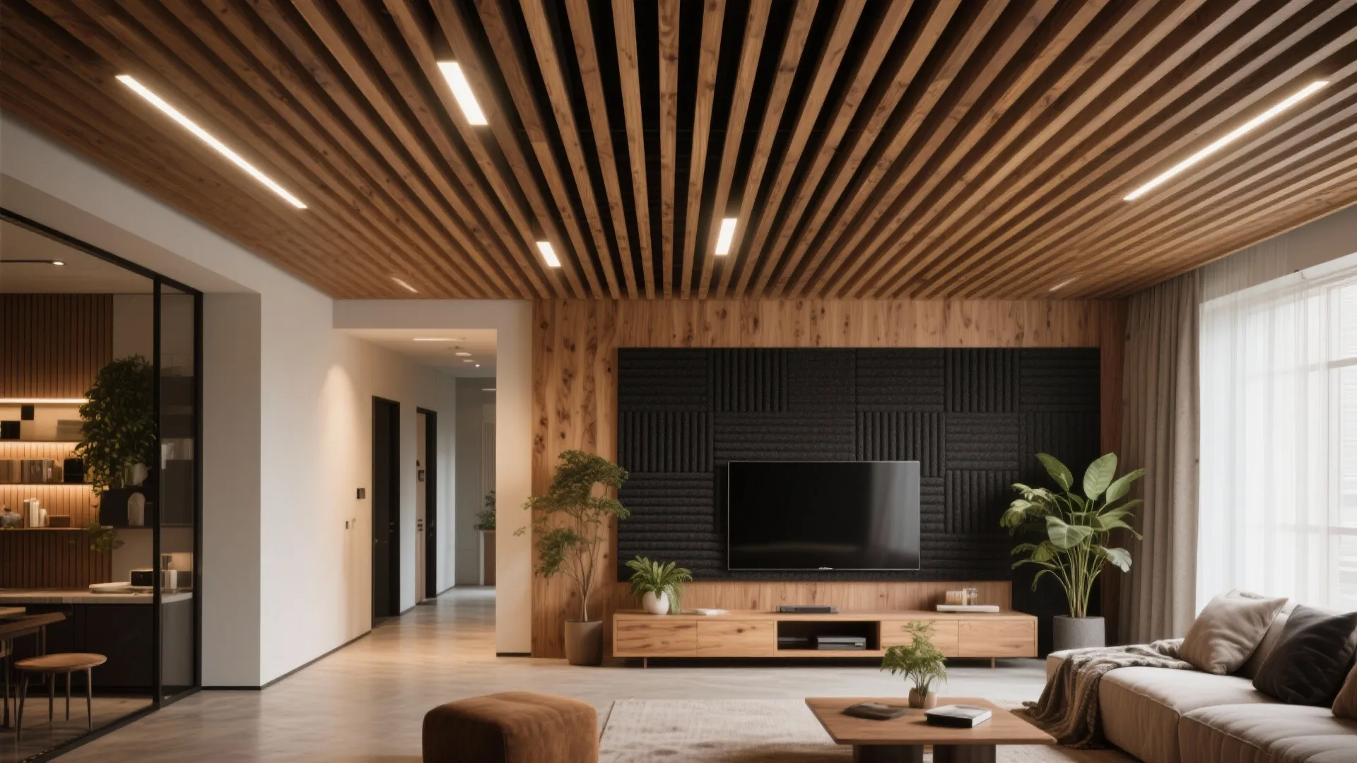 2) Timber slat ceiling panels with acoustic backing