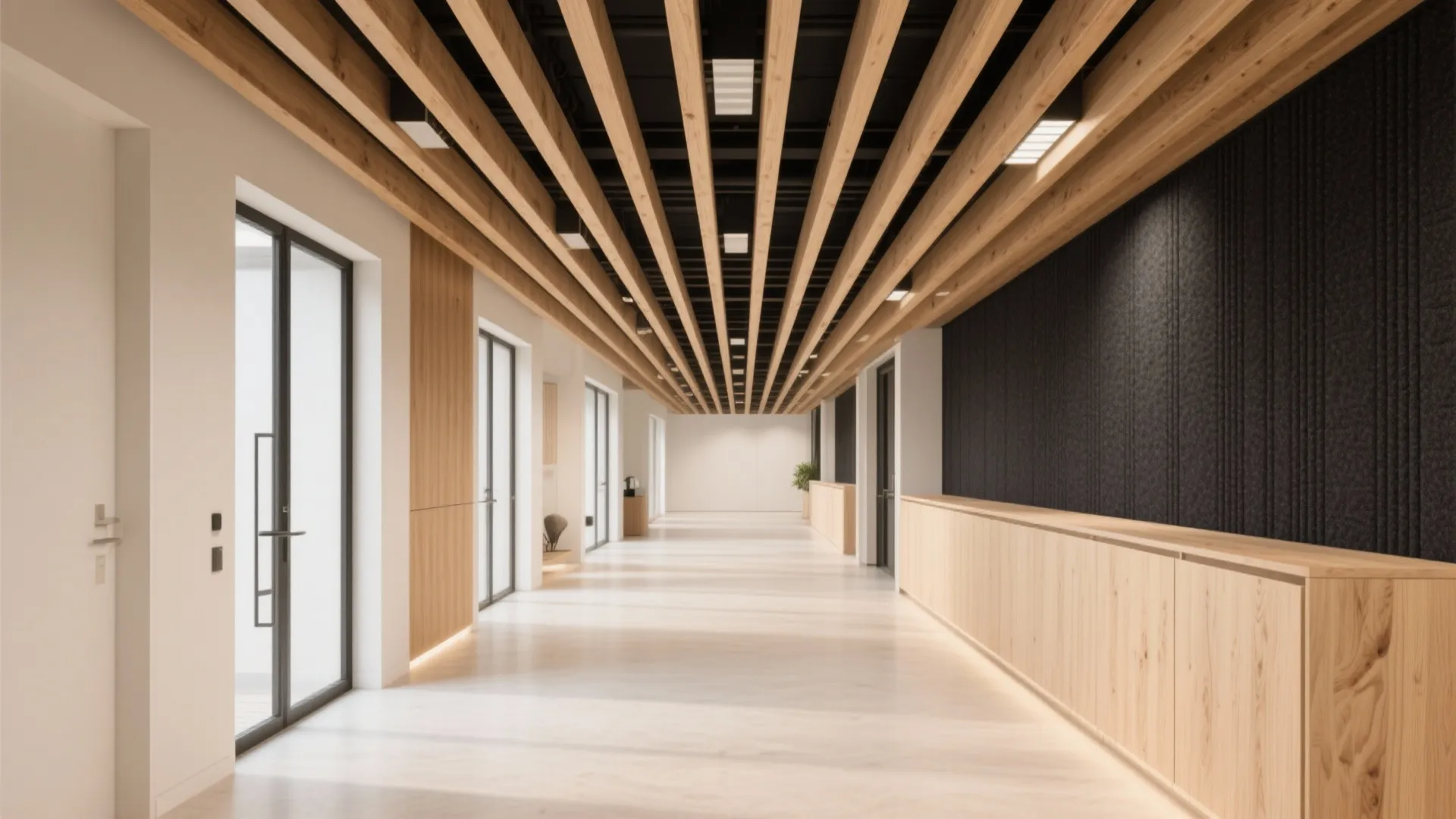 Modern office hallway with wooden ceiling beams white walls black wall panel and bright natural lighting
